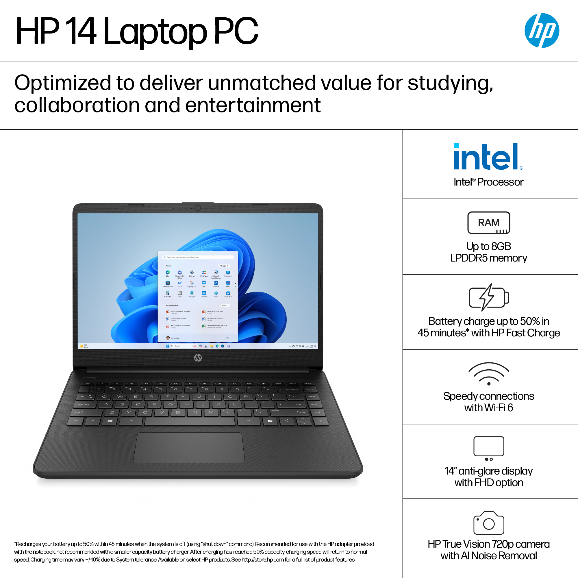HP 14-DQ6101 Intel® N150 128GB UFS 4GB 14" (1366x768) WIN11 NATURAL SILVER – תמונה 4