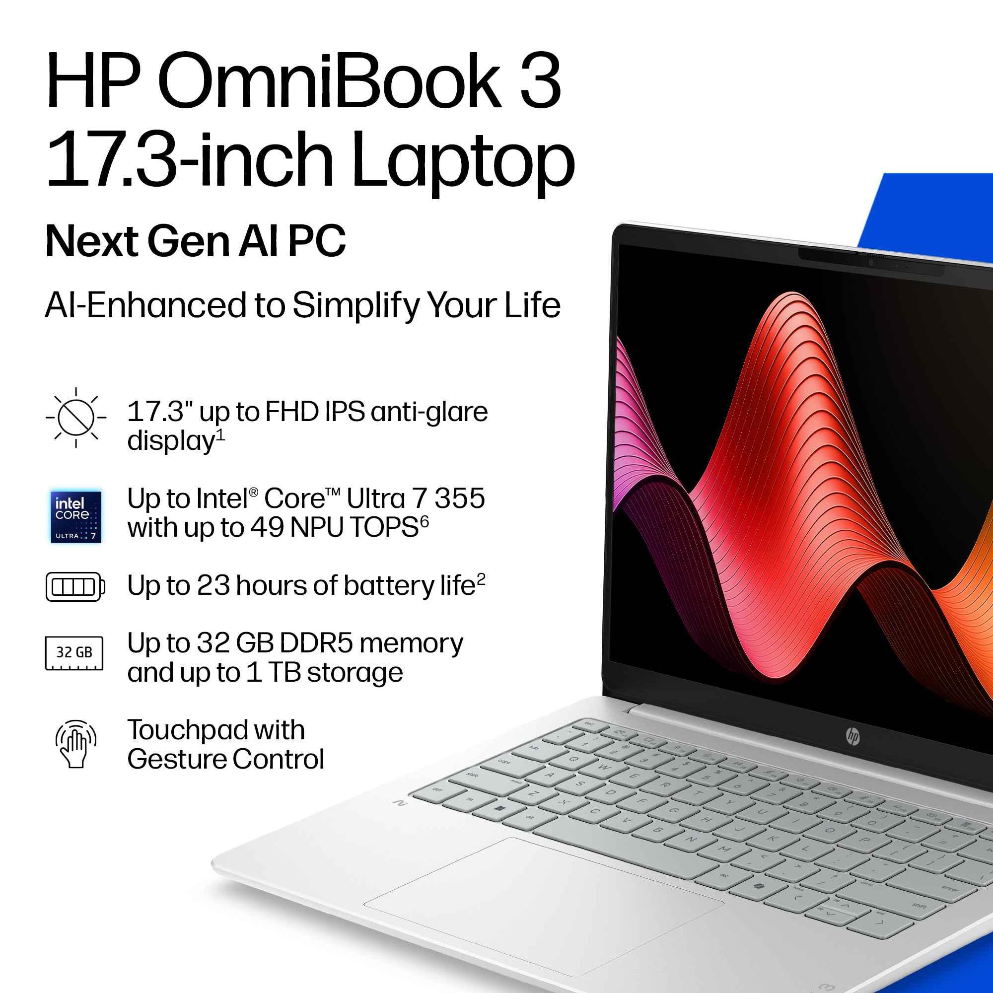 HP OmniBook 3 17-DF0575 Core™ Ultra 7 355U 1TB SSD 16GB 17.3" (1920x1080) TOUCHSCREEN WIN11 Backlit Keyboard – תמונה 2