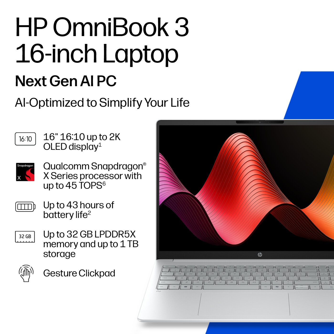 HP OmniBook 3 16-BZ0019 Snapdragon® X X1-26-100 AI 512GB SSD 16GB 16" (1920x1200) WIN11 MICA SILVER – תמונה 4