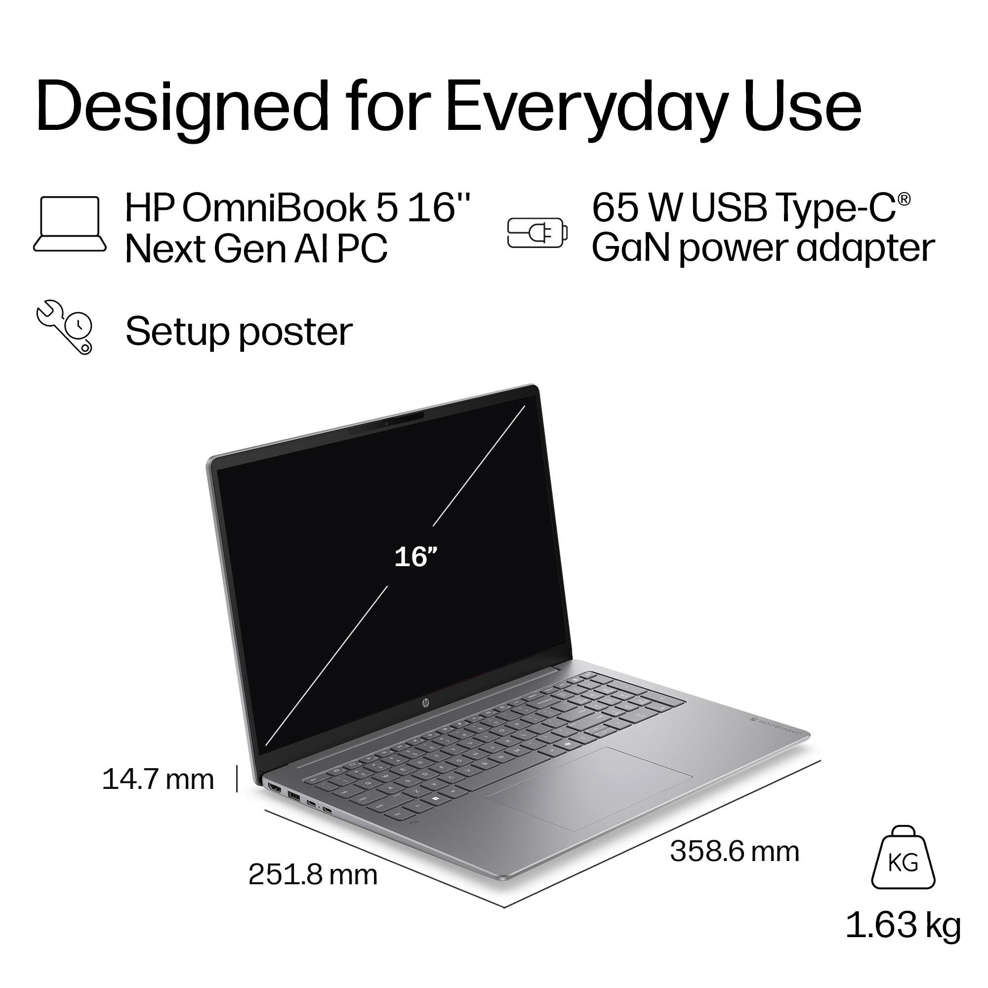 HP OmniBook 5 16-CD0070 Core™ Ultra 7 355 1TB SSD 16GB 16" (1920x1200) TOUCHSCREEN WIN11 METEOR SILVER ALUMINUM Backlit Keyboard – תמונה 3