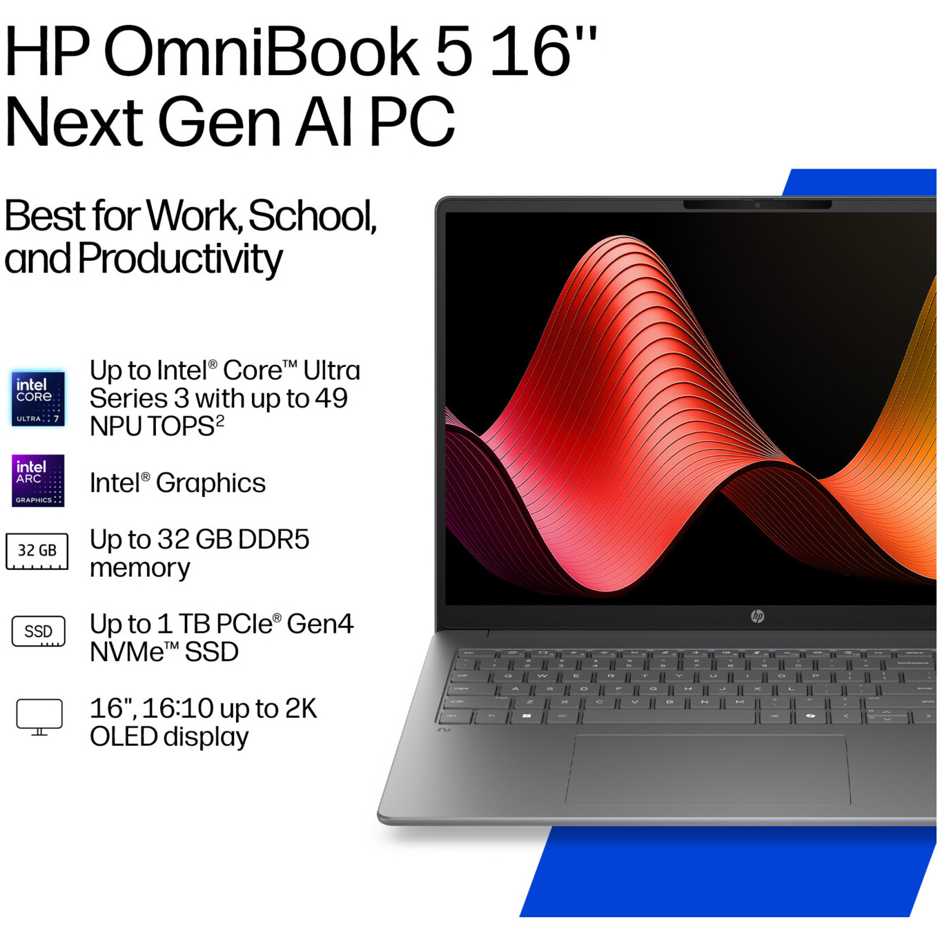 HP OmniBook 5 16-CD0075 Core™ Ultra 7 355 1TB SSD 24GB 16" (1920x1200) TOUCHSCREEN WIN11 METEOR SILVER ALUMINUM Backlit Keyboard