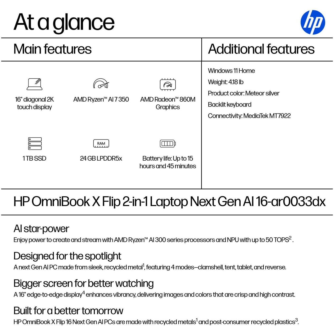 HP OmniBook X Flip 16-AR0033 AMD Ryzen™ AI 7 350 1TB SSD 24GB 16" (1920x1200) TOUCHSCREEN WIN11 METEOR SILVER Backlit Keyboard – תמונה 4