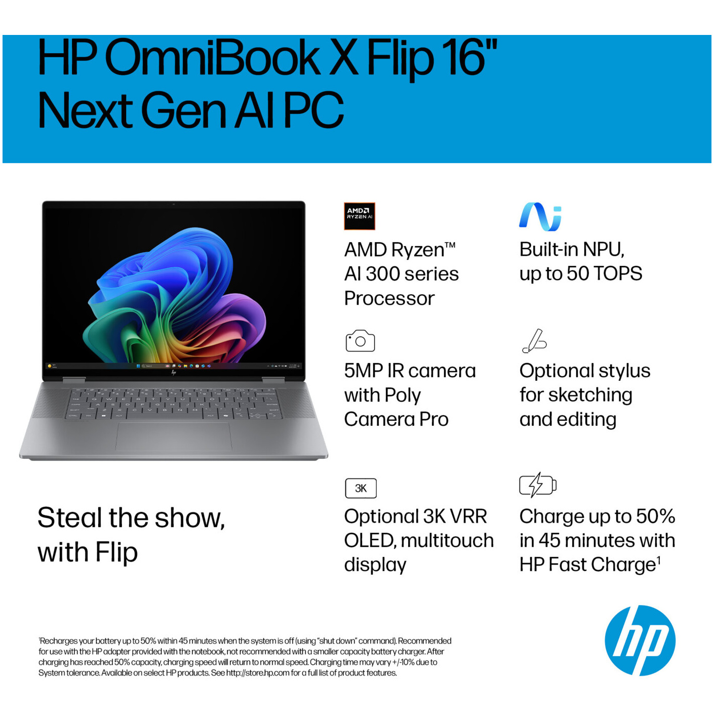 HP OmniBook X Flip 16-AR0033 AMD Ryzen™ AI 7 350 1TB SSD 24GB 16" (1920x1200) TOUCHSCREEN WIN11 METEOR SILVER Backlit Keyboard – תמונה 5