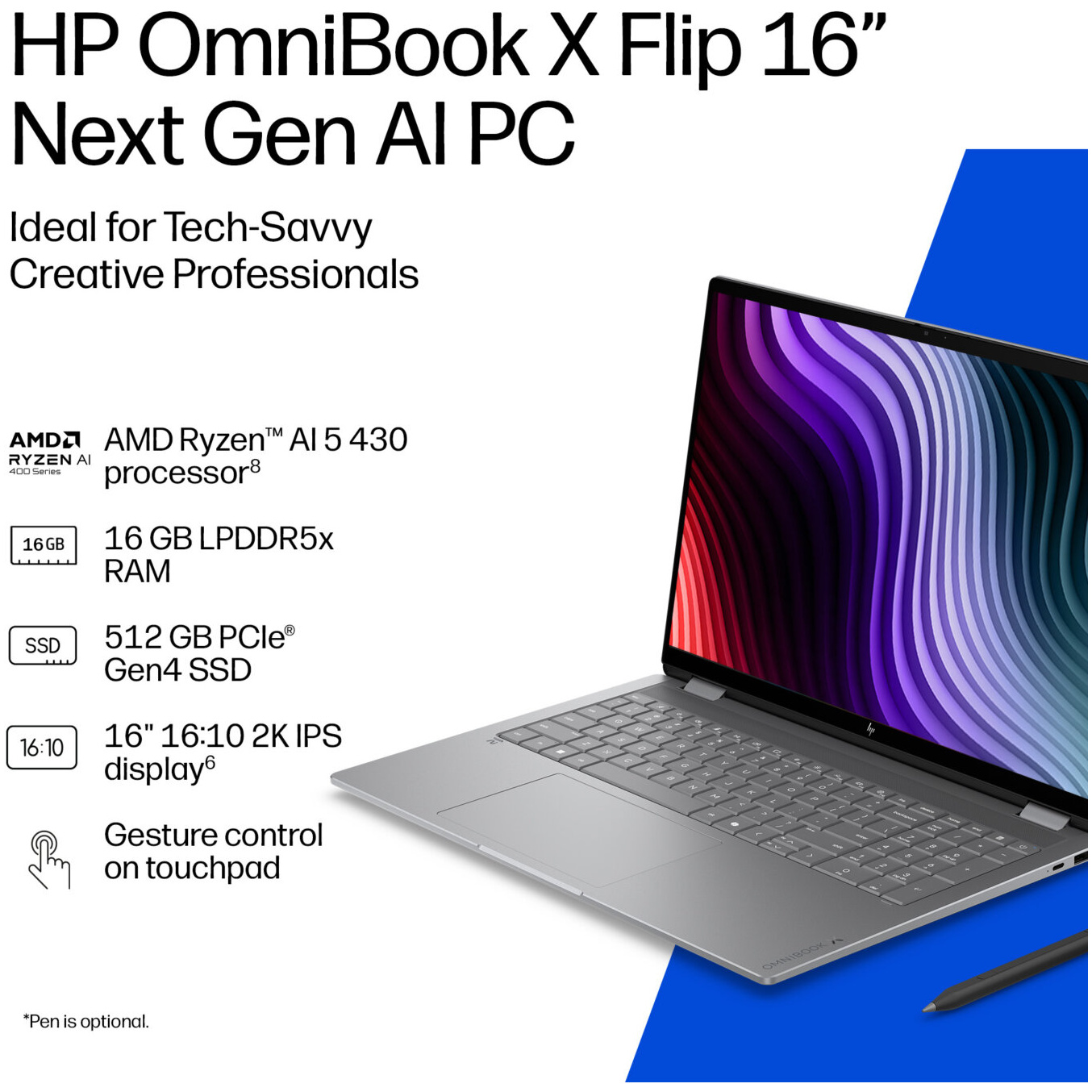 HP OmniBook X Flip 16-CC0003 2-IN-1 AMD Ryzen™ AI 5 430 512GB SSD 16GB 16" (1920x1200) TOUCHSCREEN WIN11 METEOR SILVER Backlit Keyboard – תמונה 4