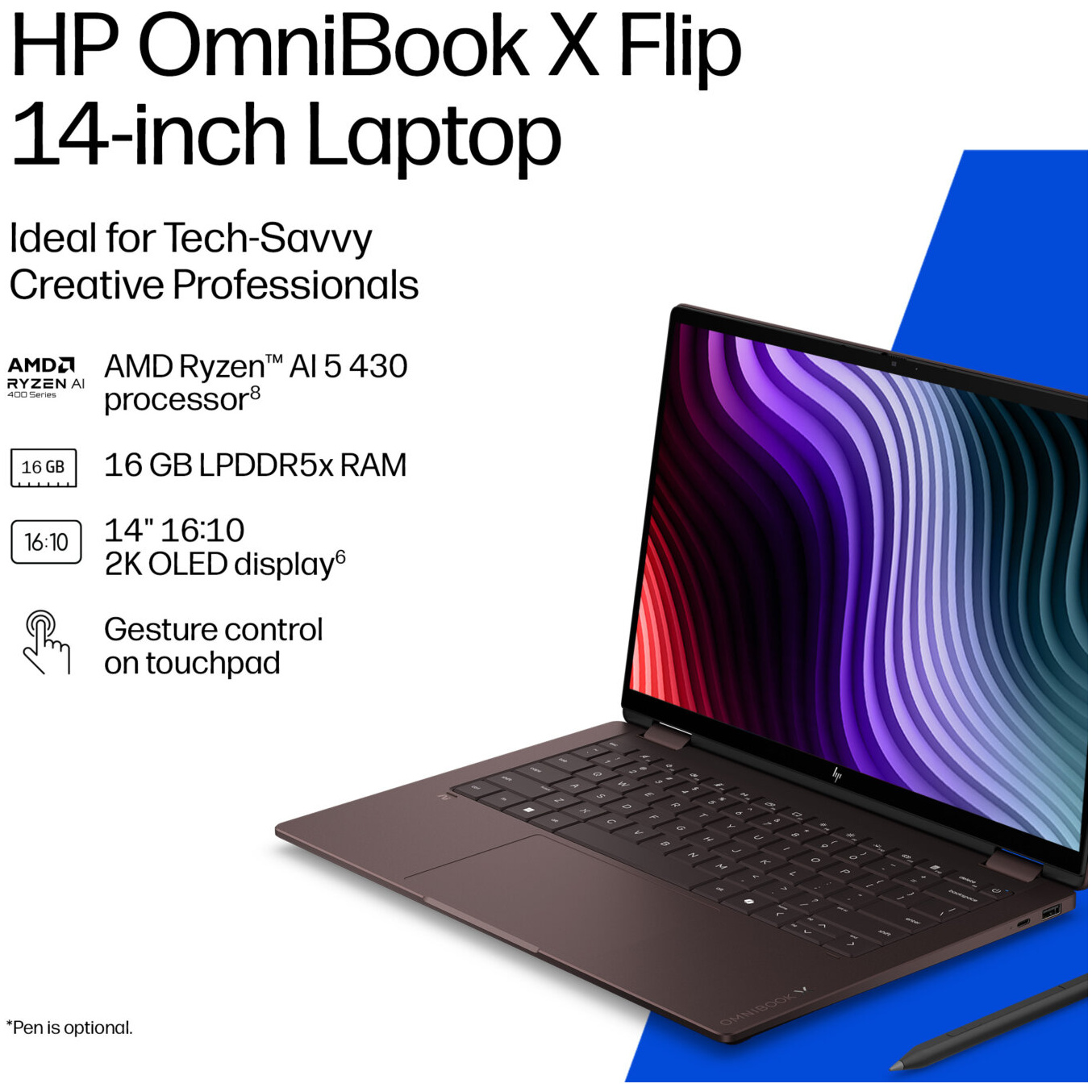HP OmniBook X Flip 14-KC0013 AMD Ryzen™ AI 5 430 512GB SSD 16GB 14" (1920x1200) OLED TOUCHSCREEN WIN11 DEEP ESPRESSO Backlit Keyboard – תמונה 4
