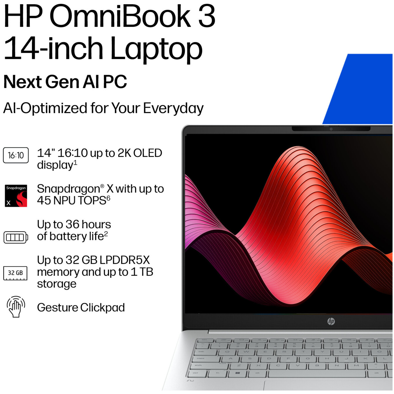 HP OmniBook 3 14-HZ0088 Snapdragon® X X1-26-100 256GB SSD 8GB 14" (1920x1200) OLED WIN11 STARLIT BLUE – תמונה 4